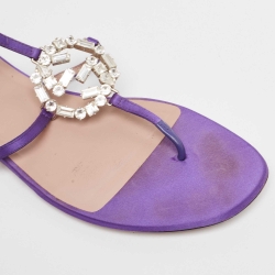 Pre Owned Gucci Purple Satin Crystal Embellished Interlocking G Thong Flat Sandals Size 39