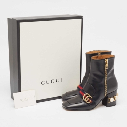 Pre Owned Gucci Black Leather Logo Pearl Embellished Ankle Boots Size 38