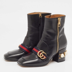 Pre Owned Gucci Black Leather Logo Pearl Embellished Ankle Boots Size 38