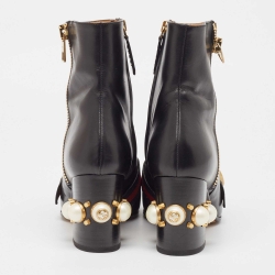 Pre Owned Gucci Black Leather Logo Pearl Embellished Ankle Boots Size 38