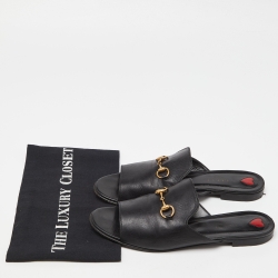 Pre Owned Gucci Black Leather Horsebit Flat Slides Size 39.5