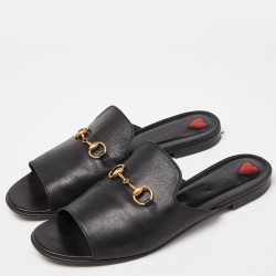 Pre Owned Gucci Black Leather Horsebit Flat Slides Size 39.5