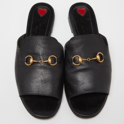 Pre Owned Gucci Black Leather Horsebit Flat Slides Size 39.5