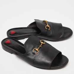 Pre Owned Gucci Black Leather Horsebit Flat Slides Size 39.5