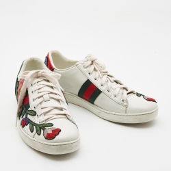 Pre Owned حذاء رياضي غوتشي "ايس" مطرز زهور جلد أبيض مقاس 34