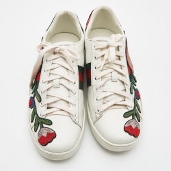 Pre Owned حذاء رياضي غوتشي "ايس" مطرز زهور جلد أبيض مقاس 34