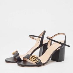 مملوكة مسبقًا Gucci Black Leather GG Marmont Block Heel Ankle Strap Sandals Size 39