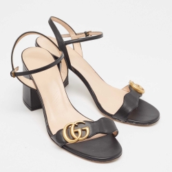 مملوكة مسبقًا Gucci Black Leather GG Marmont Block Heel Ankle Strap Sandals Size 39
