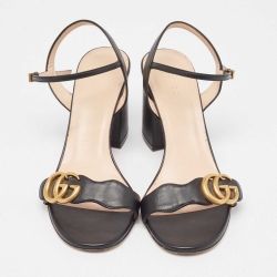 مملوكة مسبقًا Gucci Black Leather GG Marmont Block Heel Ankle Strap Sandals Size 39