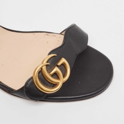 مملوكة مسبقًا Gucci Black Leather GG Marmont Block Heel Ankle Strap Sandals Size 39