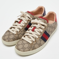 Pre Owned Gucci Beige/Brown GG Supreme Canvas Ace Web Sneakers Size 38
