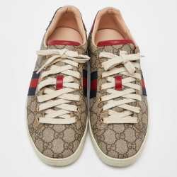 Pre Owned Gucci Beige/Brown GG Supreme Canvas Ace Web Sneakers Size 38
