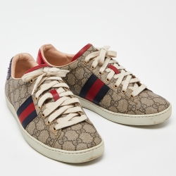 Pre Owned Gucci Beige/Brown GG Supreme Canvas Ace Web Sneakers Size 38
