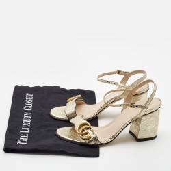 Gucci Gold Textured Leather GG Marmont Ankle Strap Sandals Size 35.5