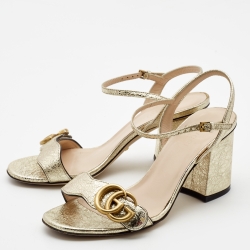Gucci Gold Textured Leather GG Marmont Ankle Strap Sandals Size 35.5