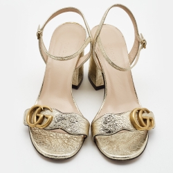 Gucci Gold Textured Leather GG Marmont Ankle Strap Sandals Size 35.5