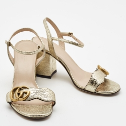 Gucci Gold Textured Leather GG Marmont Ankle Strap Sandals Size 35.5