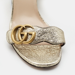 Gucci Gold Textured Leather GG Marmont Ankle Strap Sandals Size 35.5