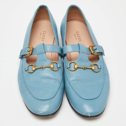 Pre Owned Gucci Blue Leather Horsebit T-Bar Loafers Size 39.5