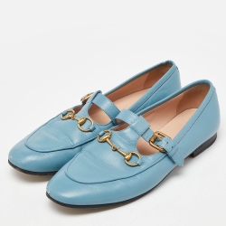 Pre Owned Gucci Blue Leather Horsebit T-Bar Loafers Size 39.5