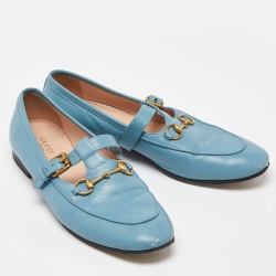 Pre Owned Gucci Blue Leather Horsebit T-Bar Loafers Size 39.5