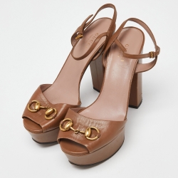 Gucci Brown Leather Claudie Horsebit Platform Block Heel Ankle Strap Sandals Size 36.5