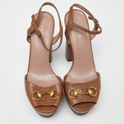 Gucci Brown Leather Claudie Horsebit Platform Block Heel Ankle Strap Sandals Size 36.5