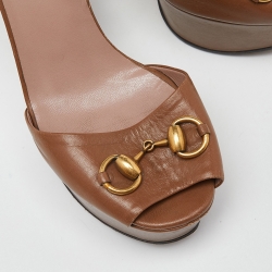Gucci Brown Leather Claudie Horsebit Platform Block Heel Ankle Strap Sandals Size 36.5