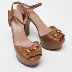 Gucci Brown Leather Claudie Horsebit Platform Block Heel Ankle Strap Sandals Size 36.5