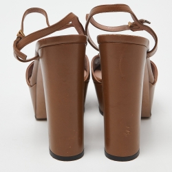 Gucci Brown Leather Claudie Horsebit Platform Block Heel Ankle Strap Sandals Size 36.5