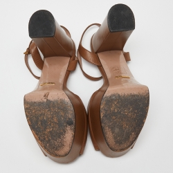 Gucci Brown Leather Claudie Horsebit Platform Block Heel Ankle Strap Sandals Size 36.5