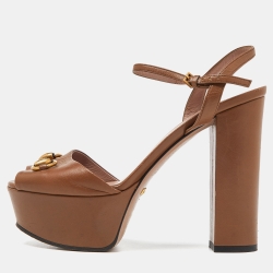 Gucci Brown Leather Claudie Horsebit Platform Block Heel Ankle Strap Sandals Size 36.5