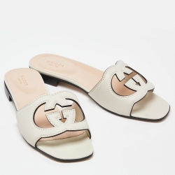 Pre Owned Gucci Cream Leather Interlocking G Cut Out Flat Slides Size 39