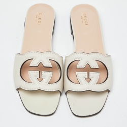 Pre Owned Gucci Cream Leather Interlocking G Cut Out Flat Slides Size 39