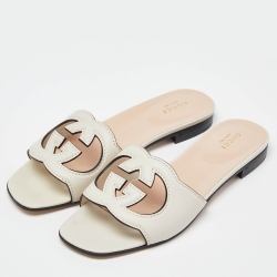 Pre Owned Gucci Cream Leather Interlocking G Cut Out Flat Slides Size 39