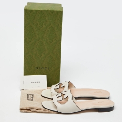 Pre Owned Gucci Cream Leather Interlocking G Cut Out Flat Slides Size 39