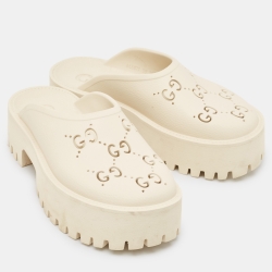 Pre Owned Gucci Cream Perforated GG Rubber Platform Sandals Size 39