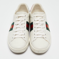 Pre Owned Gucci White Leather Bee Embroidered Ace Sneakers Size 38.5