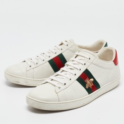 Pre Owned Gucci White Leather Bee Embroidered Ace Sneakers Size 38.5