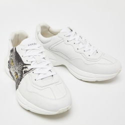 Pre Owned Gucci White Leather Mystic Cat Rhyton Low Top Sneakers Size 38.5