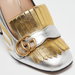 Pre Owned Gucci Silver/Gold Zebra Print Leather GG Marmont Fringed Pumps Size 40