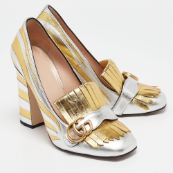 Pre Owned Gucci Silver/Gold Zebra Print Leather GG Marmont Fringed Pumps Size 40
