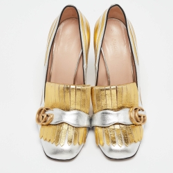 Pre Owned Gucci Silver/Gold Zebra Print Leather GG Marmont Fringed Pumps Size 40