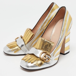 Pre Owned Gucci Silver/Gold Zebra Print Leather GG Marmont Fringed Pumps Size 40