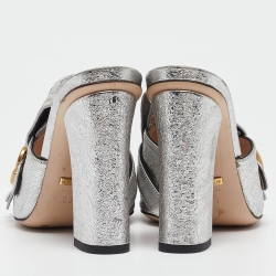 Pre Owned Gucci Silver Textured Leather GG Marmont Fringed Slide Sandals Size 36.5