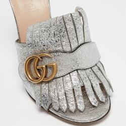 Pre Owned Gucci Silver Textured Leather GG Marmont Fringed Slide Sandals Size 36.5