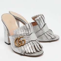 Pre Owned Gucci Silver Textured Leather GG Marmont Fringed Slide Sandals Size 36.5