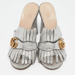 Pre Owned Gucci Silver Textured Leather GG Marmont Fringed Slide Sandals Size 36.5
