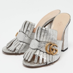 Pre Owned Gucci Silver Textured Leather GG Marmont Fringed Slide Sandals Size 36.5