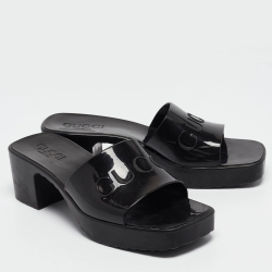 Pre Owned Gucci Black Rubber Logo Embossed Platform Slide Sandals Size 36